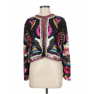 VTG Creative Creations Silk Beaded Sequin Cropped Colorful Jacket Black Funky M